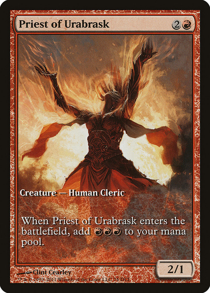 Priest of Urabrask (Game Day) (Extended Art) [New Phyrexia Promos] | Good Games Modbury