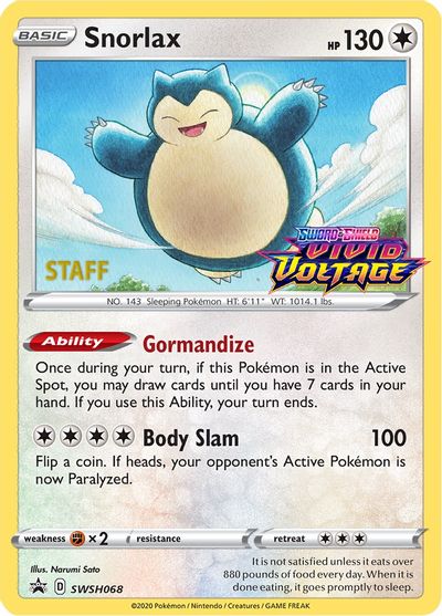 Snorlax (SWSH068) (Staff Prerelease Promo) [Sword & Shield: Black Star Promos] | Good Games Modbury