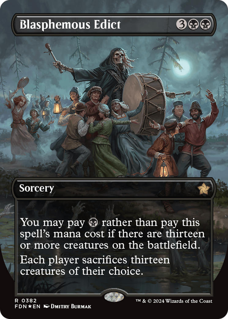 Blasphemous Edict (Borderless) (Mana Foil) [Foundations] | Good Games Modbury