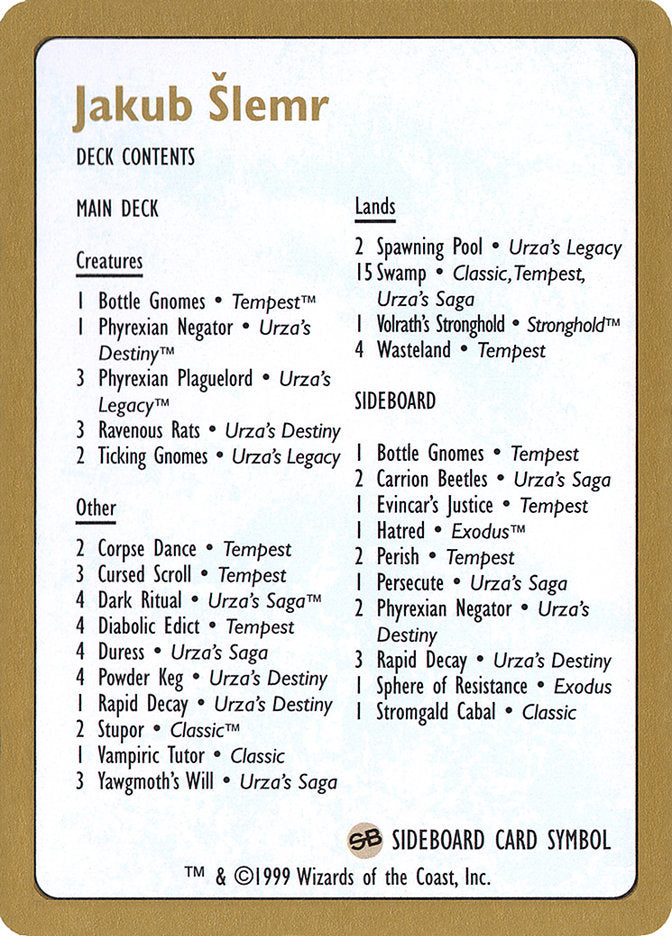 Jakub Šlemr Decklist (1999)  (World Championship Decks)  | Good Games Modbury