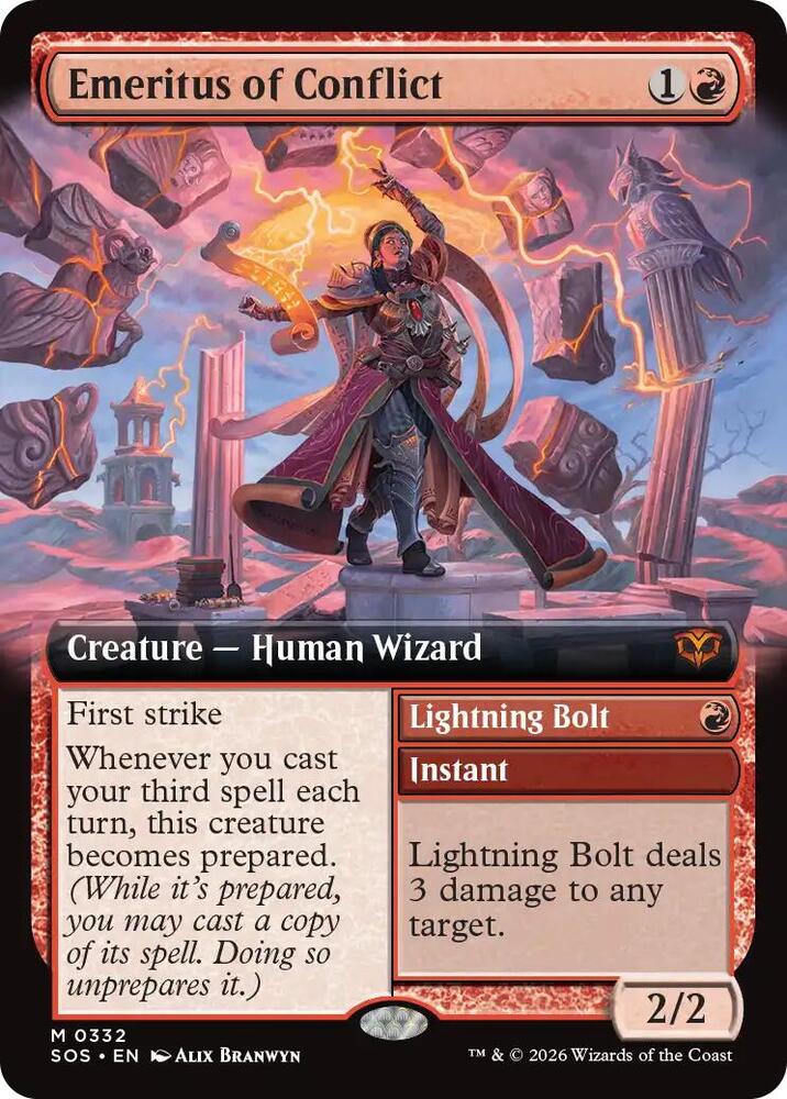 Emeritus of Conflict // Lightning Bolt 332 (Secrets of Strixhaven)  - Extended Art | Good Games Modbury