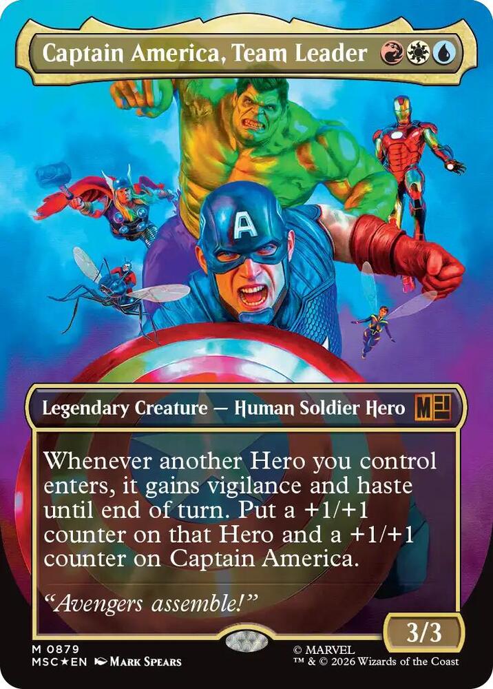 Captain America, Team Leader 879 (Commander: Marvel Super Heroes)  - Borderless Surge Foil | Good Games Modbury