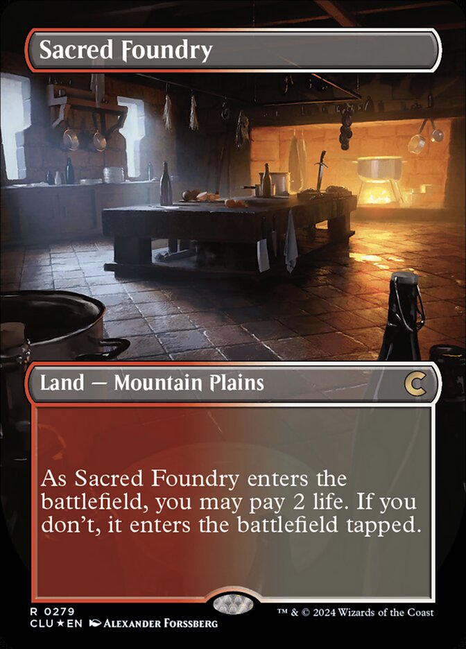 Sacred Foundry 279 (Ravnica: Clue Edition)  - Borderless Foil | Good Games Modbury