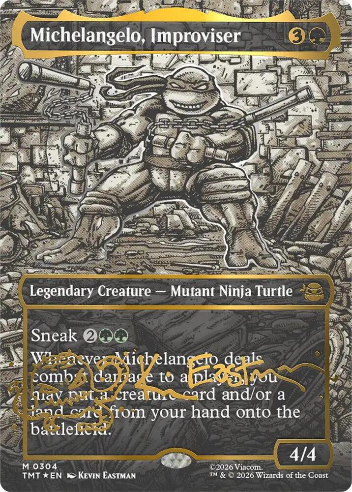 Michelangelo, Improviser 304/190 (Teenage Mutant Ninja Turtles)  - Borderless Gold Signature Foil | Good Games Modbury