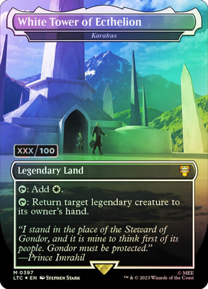 White Tower of Ecthelion Karakas Borderless Serial Numbered 397 (Commander: The Lord of the Rings: Tales of Middle-earth)  - Double Rainbow Foil | Good Games Modbury
