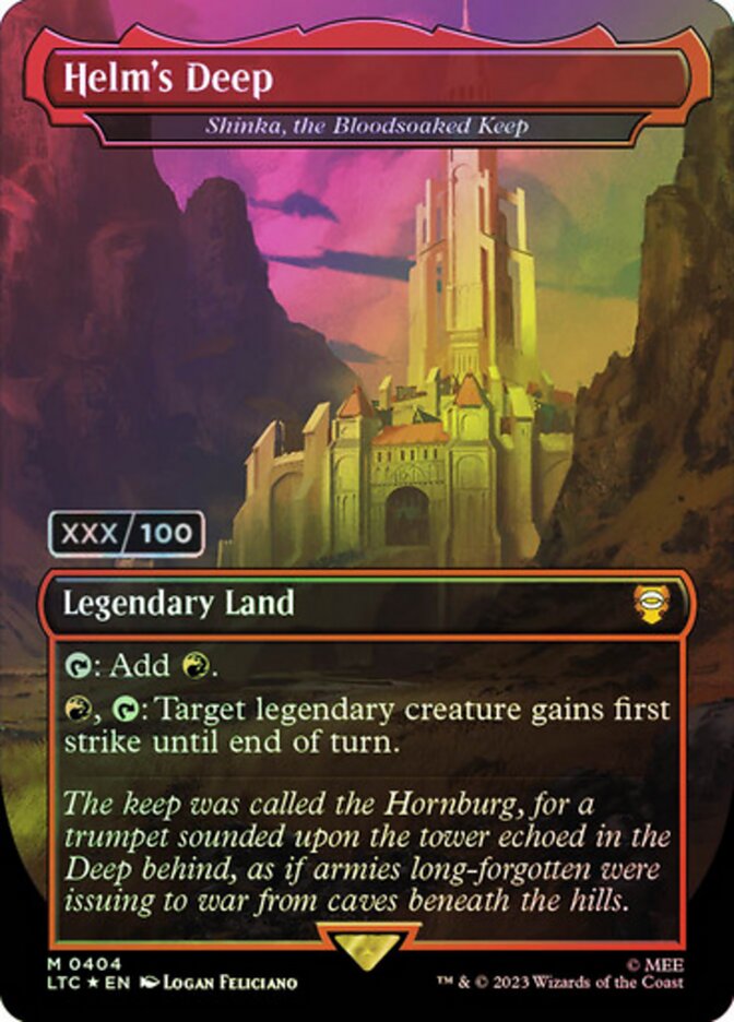 Helms Deep Shinka the Bloodsoaked Keep Borderless Serial Numbered 404 (Commander: The Lord of the Rings: Tales of Middle-earth)  - Double Rainbow Foil | Good Games Modbury