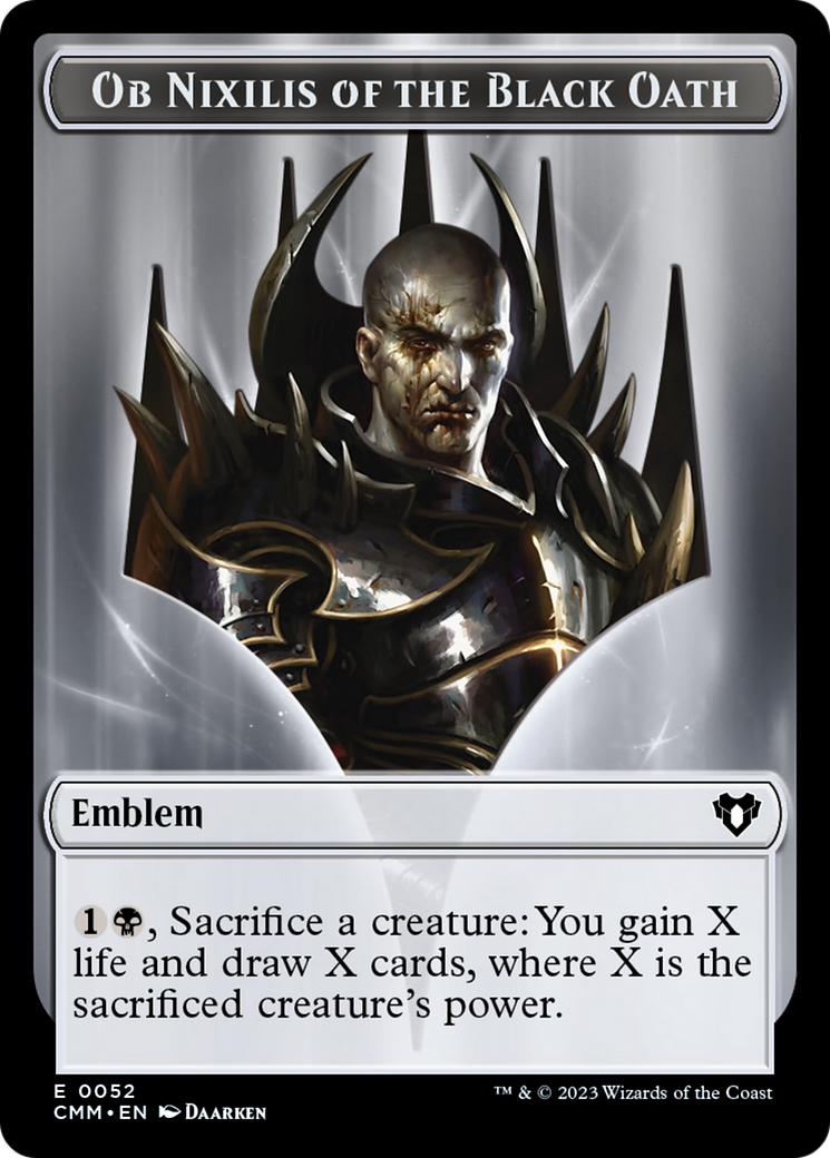 Clue // Ob Nixilis of the Black Oath Emblem Double-Sided Token [Commander Masters Tokens] | Good Games Modbury