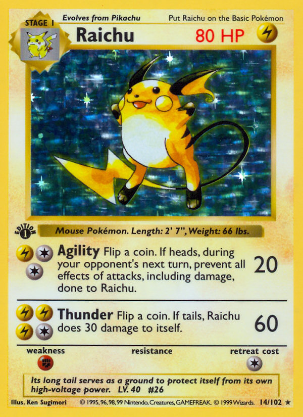 Raichu (14/102) (Shadowless) [Base Set 1st Edition] | Good Games Modbury