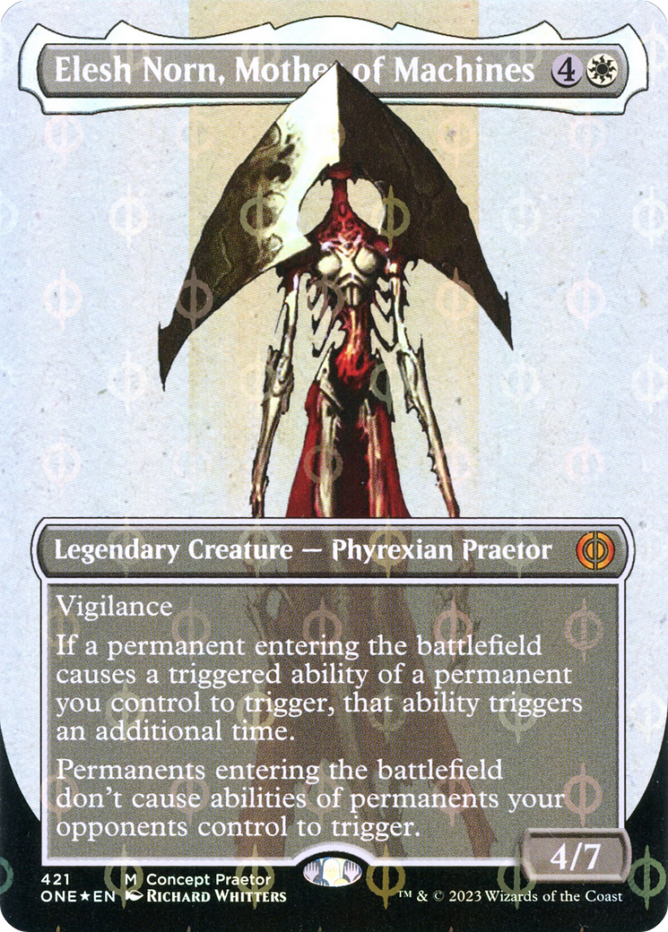 Elesh Norn, Mother of Machines (Borderless Concept Preators Step-and-Compleat Foil) [Phyrexia: All Will Be One] | Good Games Modbury