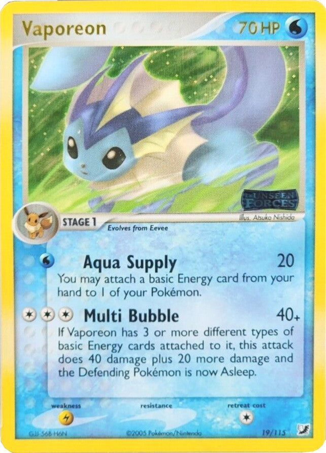 Vaporeon (19/115) (Stamped) [EX: Unseen Forces] | Good Games Modbury