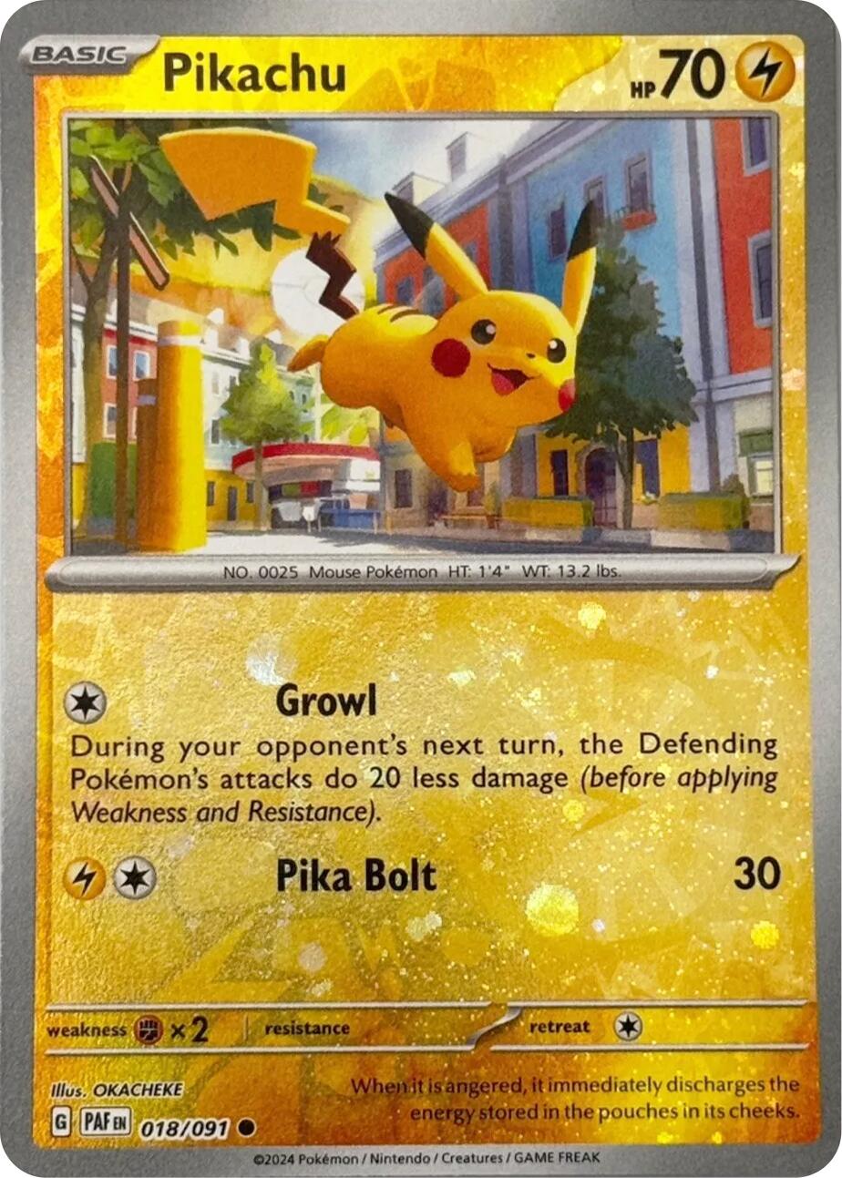 Pikachu (018/091) (Reverse Cosmos Holo) [Scarlet & Violet: Paldean Fates] | Good Games Modbury