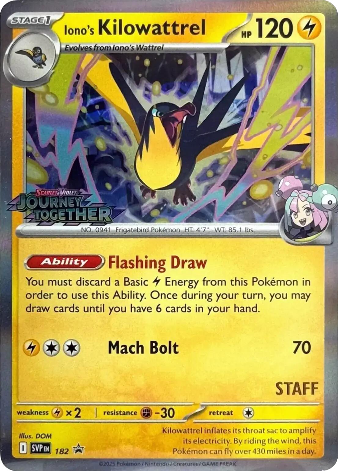 Iono's Kilowattrel (182) (Prerelease Staff) [Scarlet & Violet: Black Star Promos] | Good Games Modbury