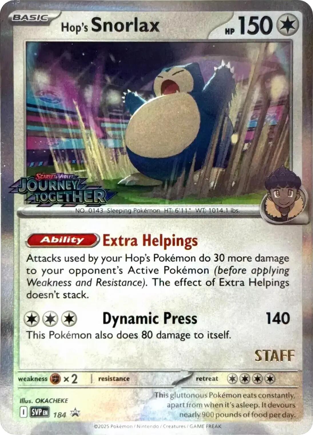 Hop's Snorlax (184) (Prerelease Staff) [Scarlet & Violet: Black Star Promos] | Good Games Modbury