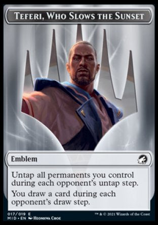 Clue // Teferi, Who Slows the Sunset Emblem Double-Sided Token [Innistrad: Midnight Hunt Tokens] | Good Games Modbury