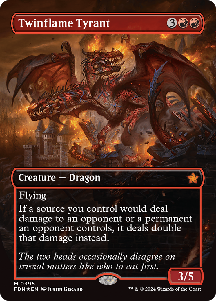 Twinflame Tyrant (Borderless) (Mana Foil) [Foundations] | Good Games Modbury