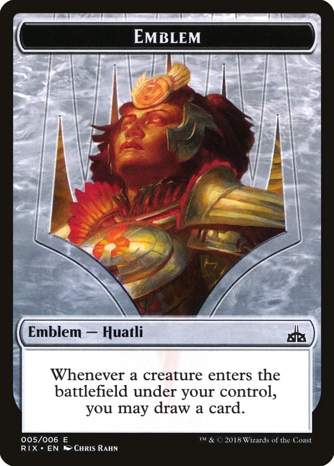Huatli, Radiant Champion Emblem [Rivals of Ixalan Tokens] | Good Games Modbury