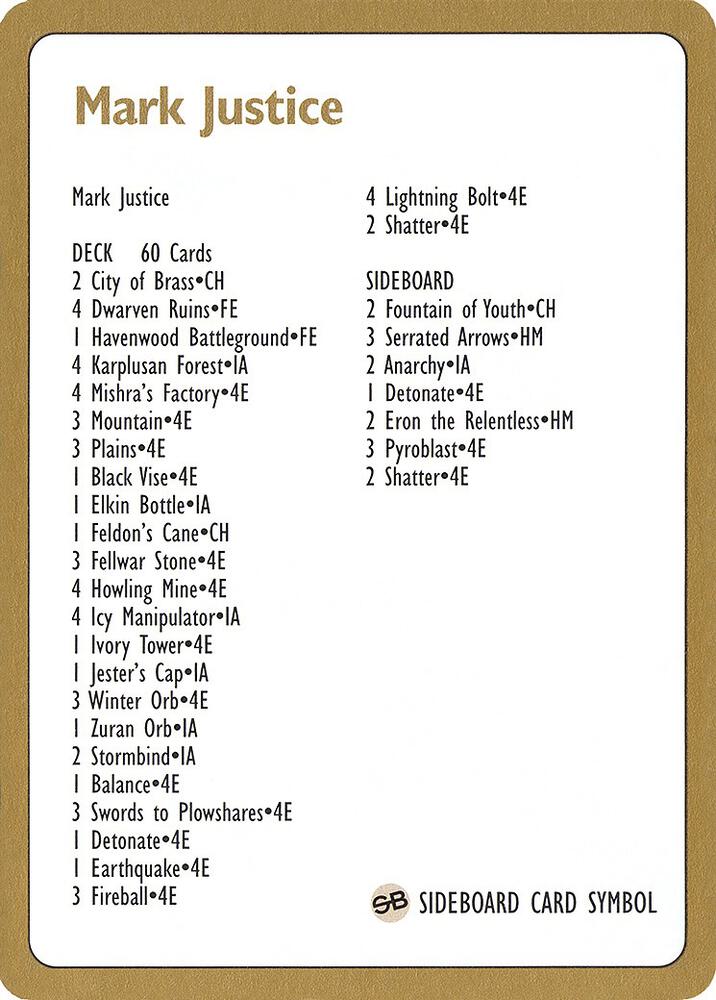 1996 Mark Justice Decklist Card  (World Championship Decks)  | Good Games Modbury