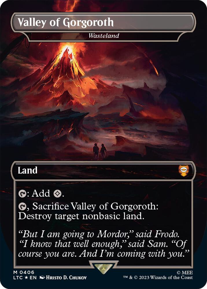 Valley of Gorgoroth Wasteland Borderless Surge Foil 406 (Commander: The Lord of the Rings: Tales of Middle-earth)  - Borderless Surge Foil | Good Games Modbury