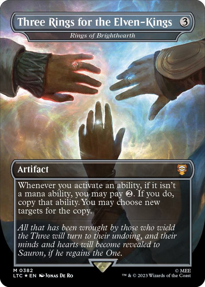 Three Rings for the Elven Kings Rings of Brighthearth Borderless Surge Foil 382 (Commander: The Lord of the Rings: Tales of Middle-earth)  - Borderless Surge Foil | Good Games Modbury