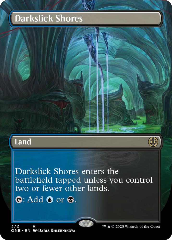 Darkslick Shores 372/271 (Phyrexia: All Will Be One)  - Borderless Foil | Good Games Modbury