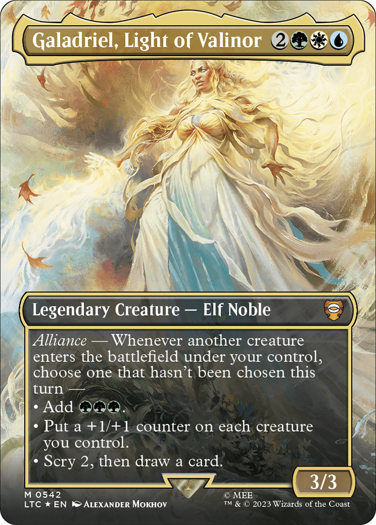 Galadriel, Light of Valinor (Borderless) (Surge Foil) [The Lord of the Rings: Tales of Middle-Earth Commander] | Good Games Modbury