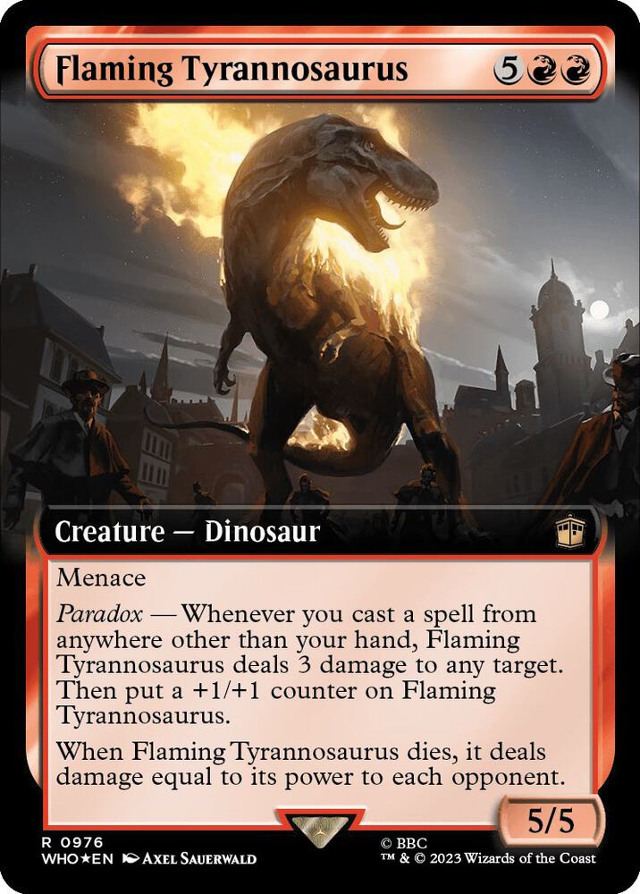 Flaming Tyrannosaurus 976/331 (Universes Beyond: Doctor Who)  - Extended Art Surge Foil | Good Games Modbury