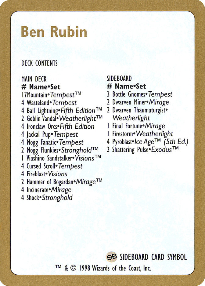 Ben Rubin Decklist [World Championship Decks 1998] | Good Games Modbury
