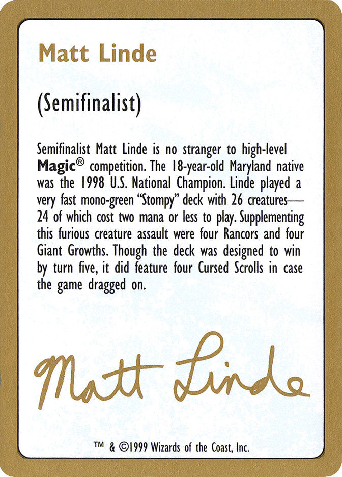 Matt Linde Bio [World Championship Decks 1999] | Good Games Modbury