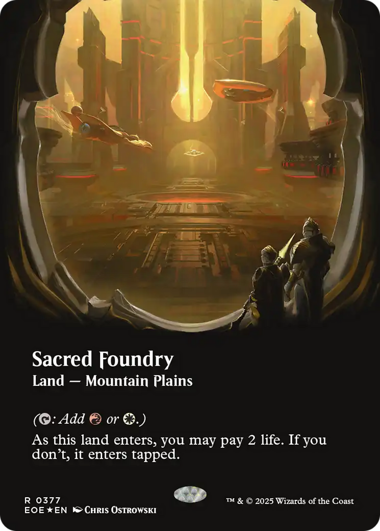 Sacred Foundry (Borderless) (Galaxy Foil) [Edge of Eternities] | Good Games Modbury