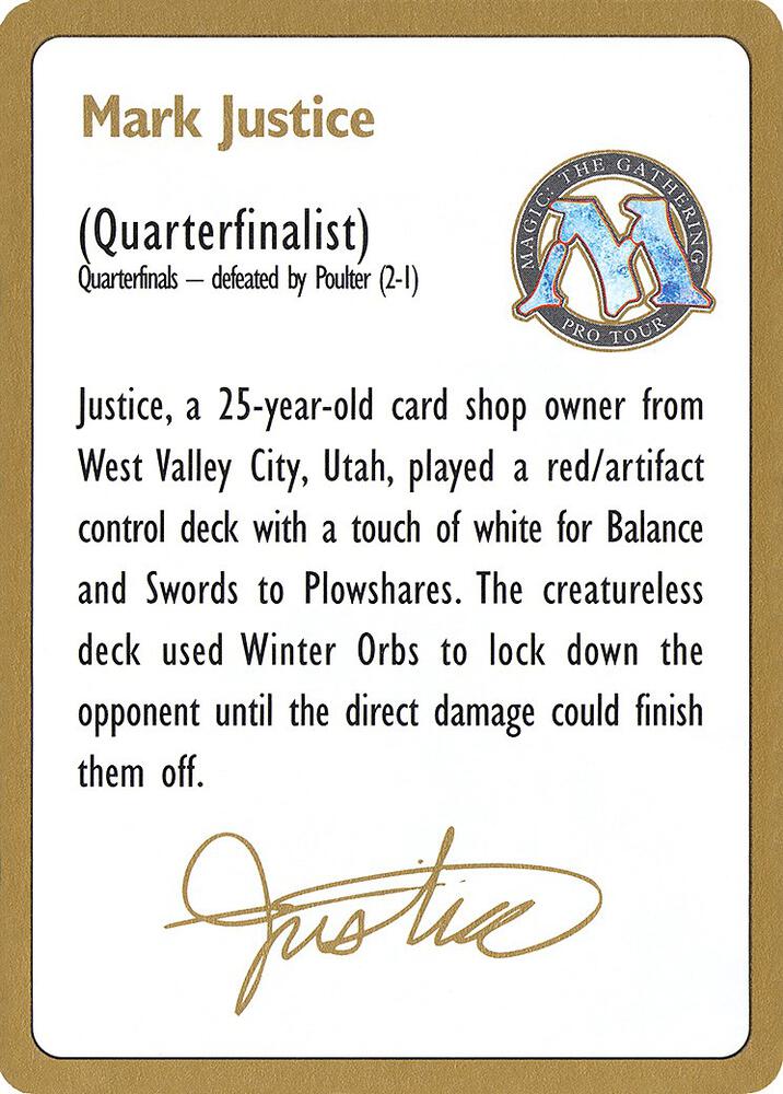1996 Mark Justice Biography Card  (World Championship Decks)  | Good Games Modbury