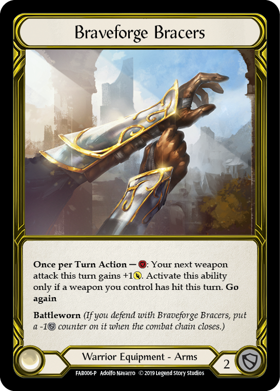 Braveforge Bracers [FAB006-P] (Promo)  1st Edition Cold Foil - Golden | Good Games Modbury