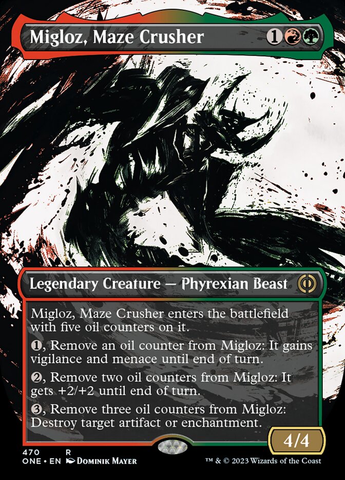 Migloz, Maze Crusher (Borderless Ichor Step-and-Compleat Foil) [Phyrexia: All Will Be One] | Good Games Modbury