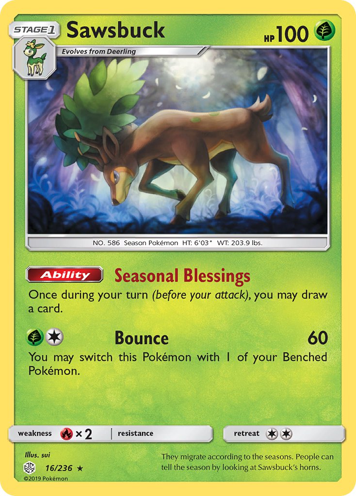 Sawsbuck (16/236) (Prerelease Kit Exclusive) (Theme Deck Exclusive) [Sun & Moon: Cosmic Eclipse] | Good Games Modbury