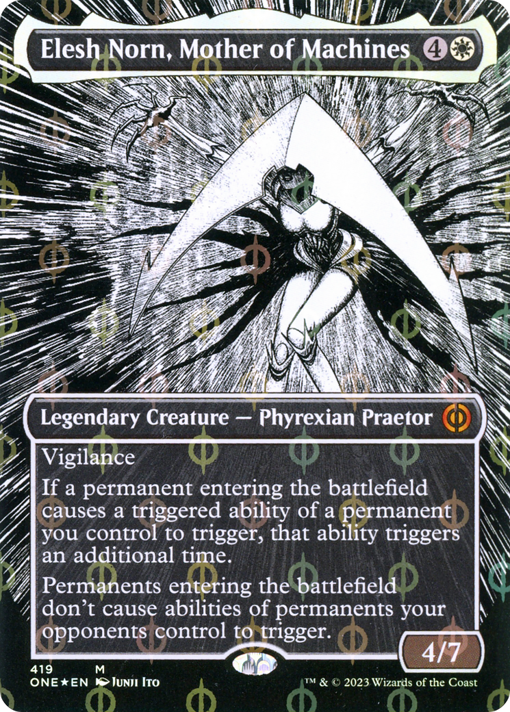 Elesh Norn, Mother of Machines (Borderless Manga Step-and-Compleat Foil) [Phyrexia: All Will Be One] | Good Games Modbury